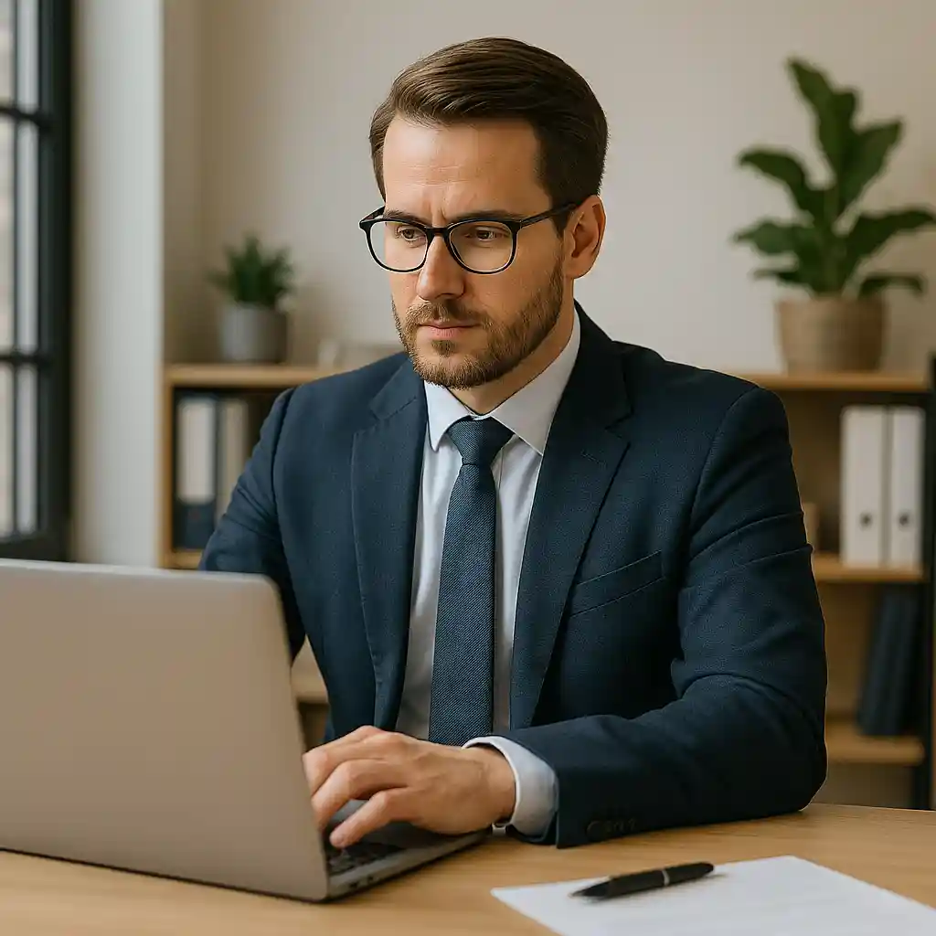 Business owner learning digital marketing skills while working on a laptop at the office.