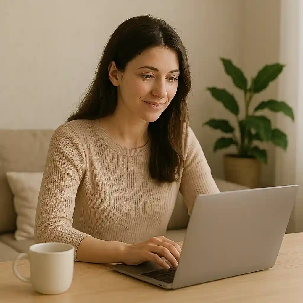 Woman learning digital marketing from home on a laptop with a coffee mug on the table.