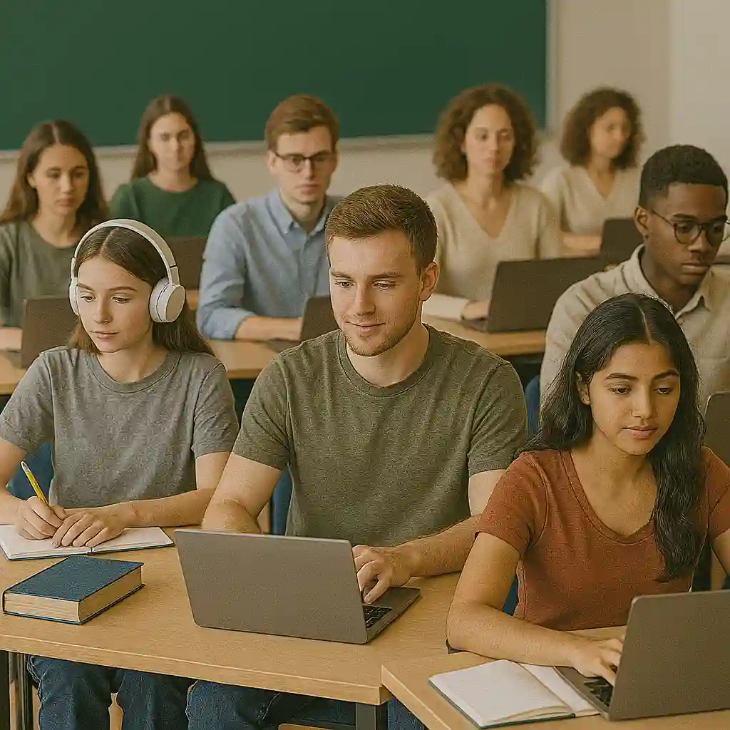 Group of students learning together with laptops in a classroom.